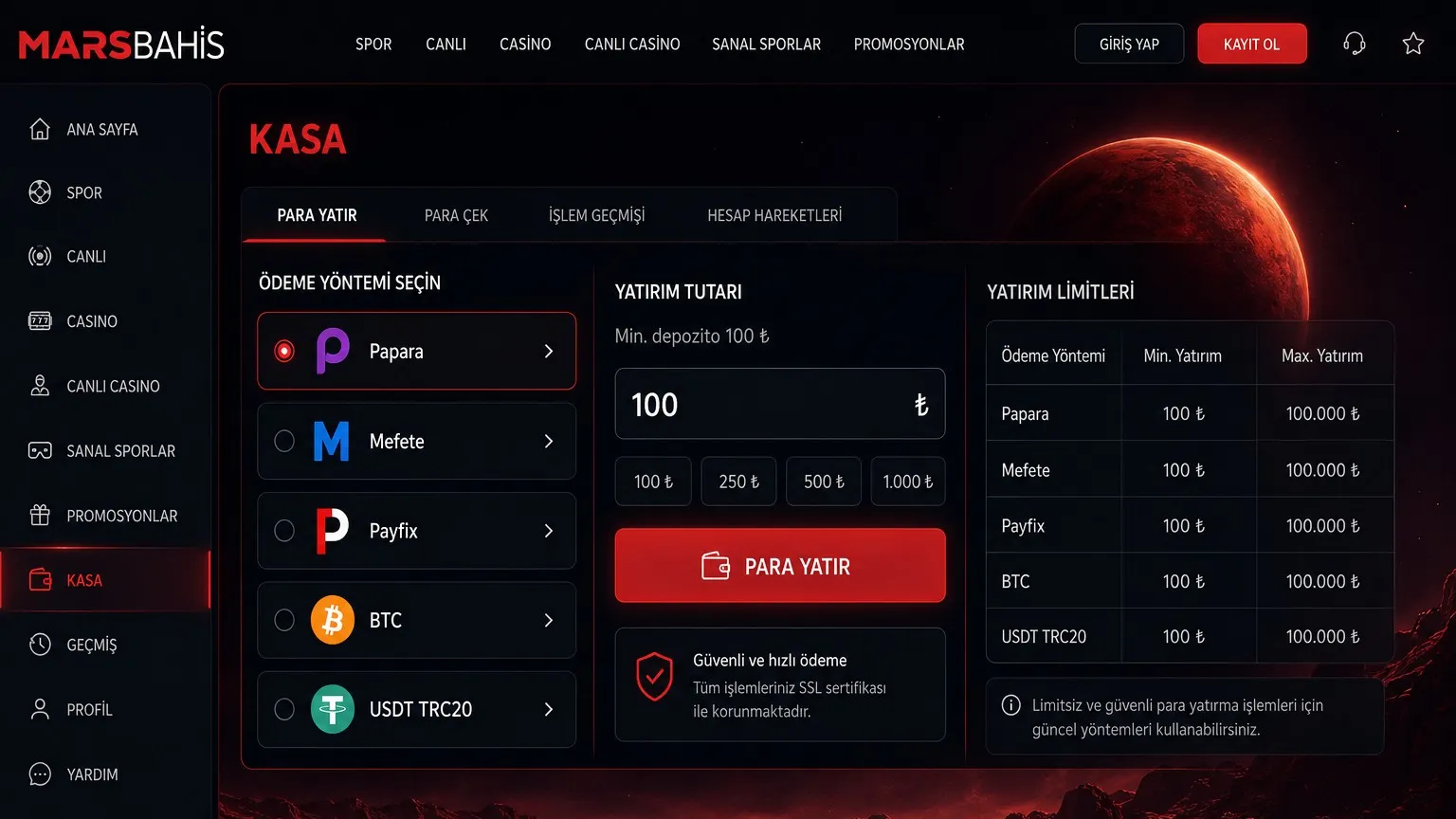 Marsbahis para yatırma yöntemleri ve işlem süreci